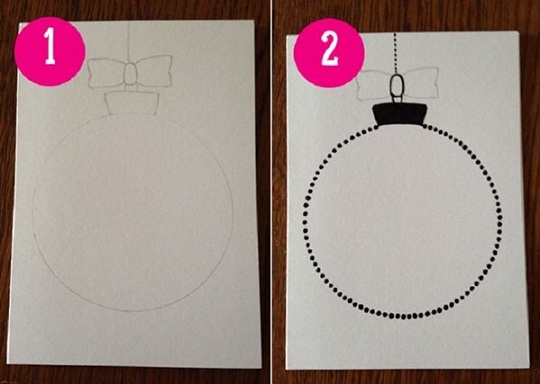 фото: рисуем новогодний шар для открытки своими руками и обводим черным маркером