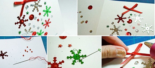 процесс декорации новогодней открытки пайетками