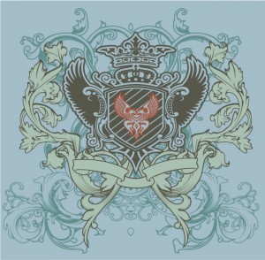 Образец принта "Крылатый щит с короной" на голубом фоне